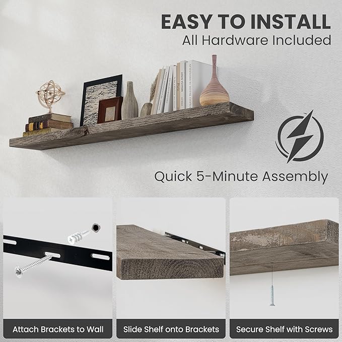 Solid Wood Floating Shelves, 8" Deep Rustic Reclaimed Barnwood Wall Hanging Floating Shelf with Invisible Heavy-Duty Metal Br