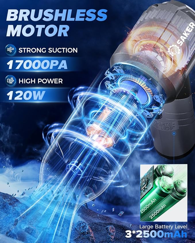 Saker Car Vacuum Portable Cordless, Foldable Mini Handheld Vacuum Cordless and Air Duster 17000PA High Power Vacuum Cleaners 