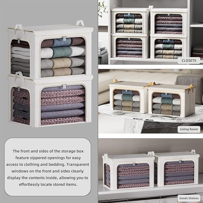 4 Pack Clothes Storage Bins with Metal Frame - 66L Stackable Storage Box with Lid，Foldable Storage Container Organizer for Cl