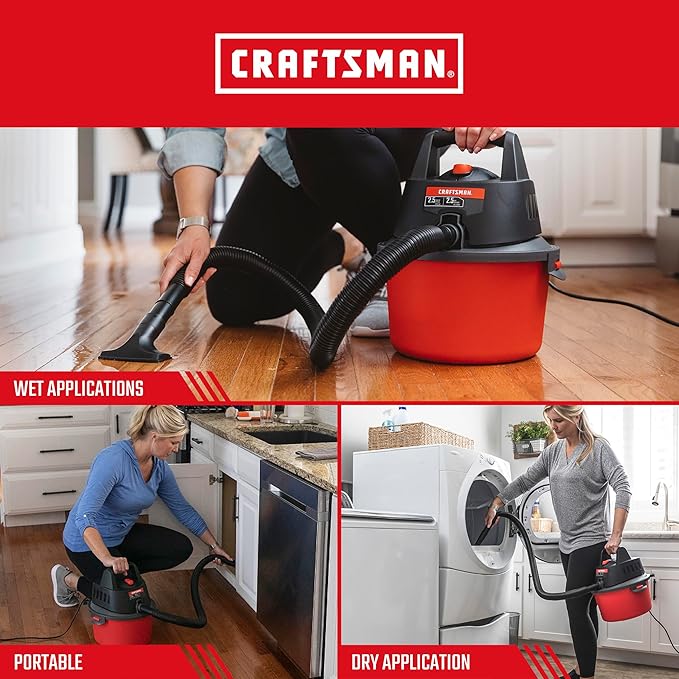 CRAFTSMAN CMXEVBE17250 2.5 Gallon 2.5 Peak HP Wet Dry Vac, Portable Shop Vacuum Wet and Dry with Filter Bag, Hose and Attachm