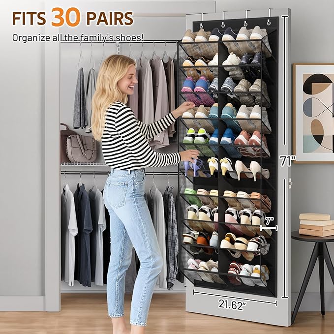 MISSLO 30 Pairs Over the Door Shoe Organizer Breathable Mesh Hanging Shoe Rack for Closet Storage with Wide Deep Pockets 10 T
