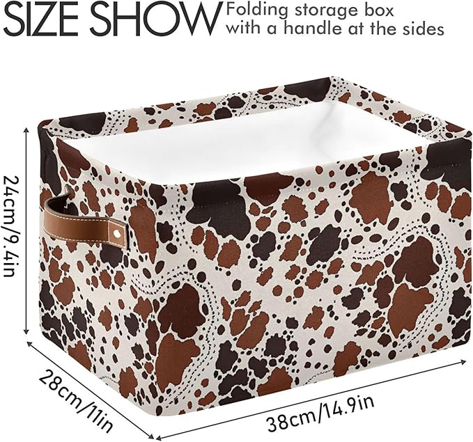 xigua Cow Print Storage Basket Collapsible Storage Bins Waterproof Canvas Storage Basket with Leather Handles for Home Closet