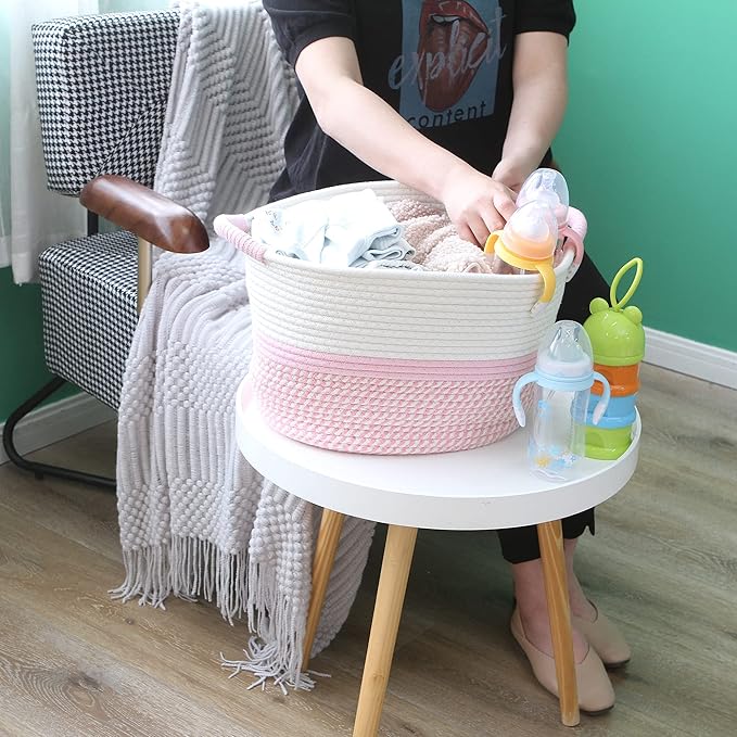 Hinwo Oval Cotton Rope Storage Basket Collapsible Nursery Storage Box Container Organizer with Handles, 13 x 10 inches, Off W