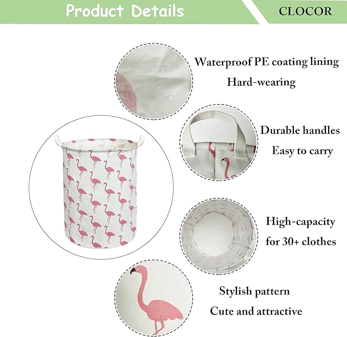 CLOCOR Large Pink Flamingo Laundry Hamper, Baby Girl Laundry Basket,Kids Toy Storage Bins,Nursery Decor,Bedroom,Bathroom,Gift