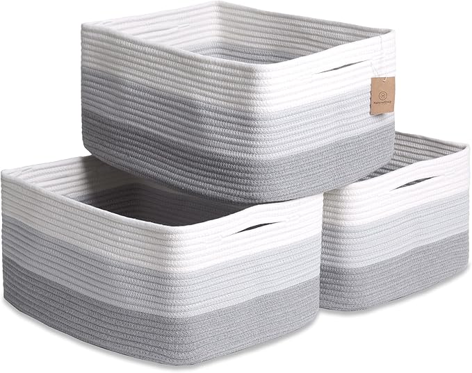 NaturalCozy Storage Baskets 16.8”x13”x7.6” Cotton Rope Woven Baskets for Organizing 3-Pack | Toy Storage Bins | Basket for Sh