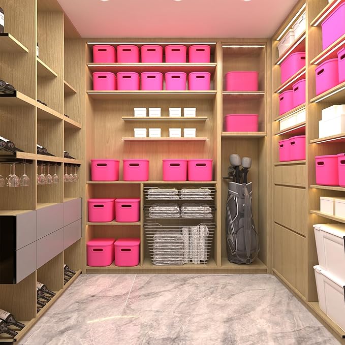 ORGIDOL 8 Pack Pink Storage Bins with Lids Stackable Storage Container for Organizing, Storage Boxes with Handle for Shelves,