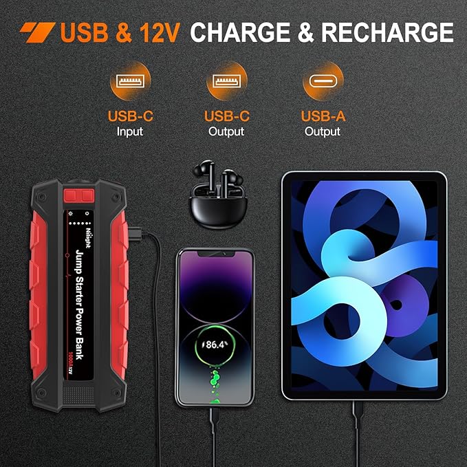 Nilight 1000A Car Battery Jump Starter for Up to 6.0L Gas & 4.0L Diesel Engines 12V Portable Jump Start Booster Pack Jump Box with Jumper Cables DC Output and LED Light