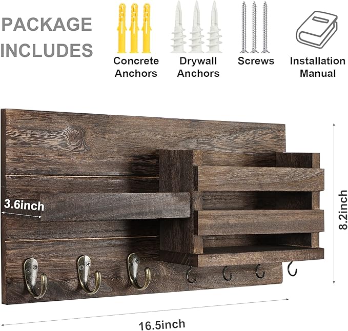 Lwenki Mail Organizer for Wall Mount – Key Holder with Shelf Includes Letter Holder and Hooks for Coats, Dog Leashes – Rustic
