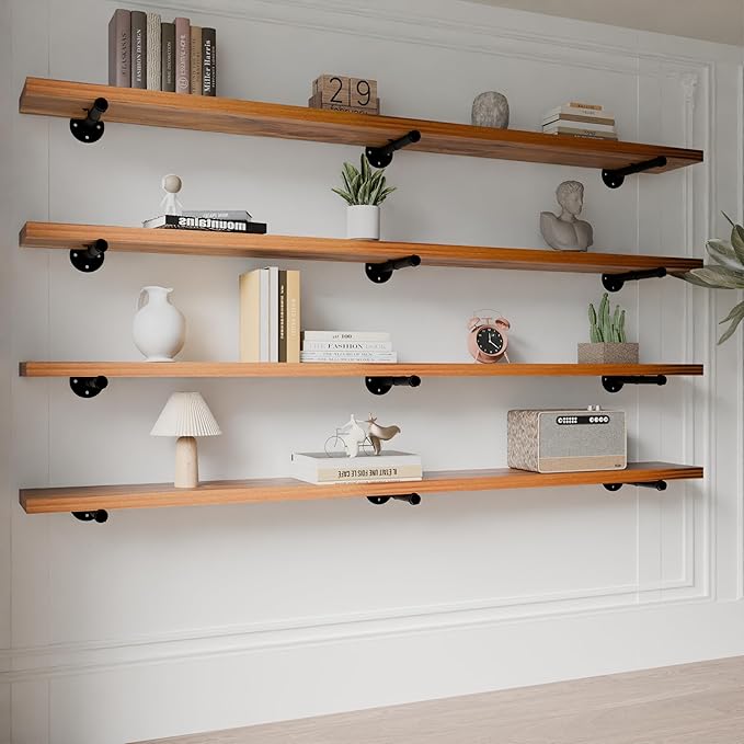 Industrial Pipe Wall Wood Shelves,Real Wooden Shelves 60" in Special Brown Color with 11.8" Extra Width, Modern Floating Shev
