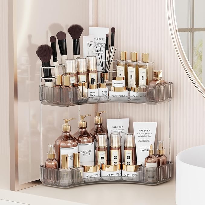 Asayuee 2-Tier Corner Bathroom Counter Organizer with Top Toothbrush Holders,Large Makeup Organizer Countertop with Brush Hol