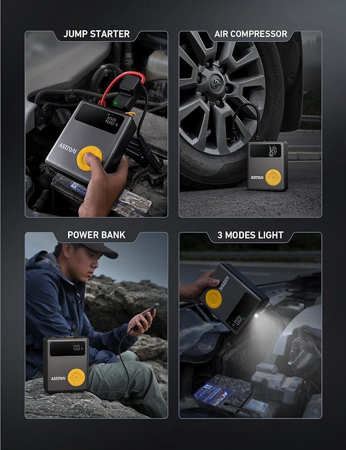 AstroAI Portable Car Jump Starter with Air Compressor, 150PSI 1750A Car Jumper Starter Battery Pack with Cordless Tire
