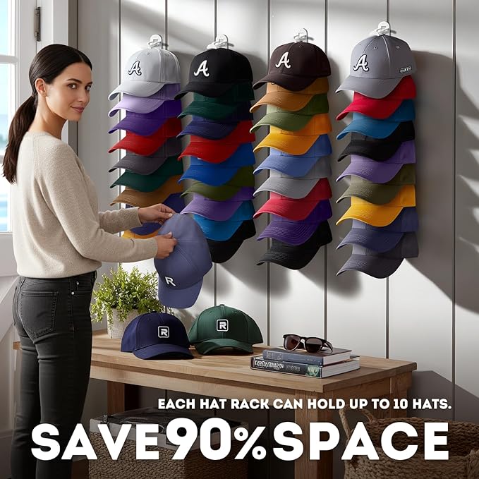 2 Pack Hat Organizer for Baseball Caps, Hat Rack for Wall Hold Up to 20 Hats, Hat Holder with Strong Adhesive and Screws, Hat