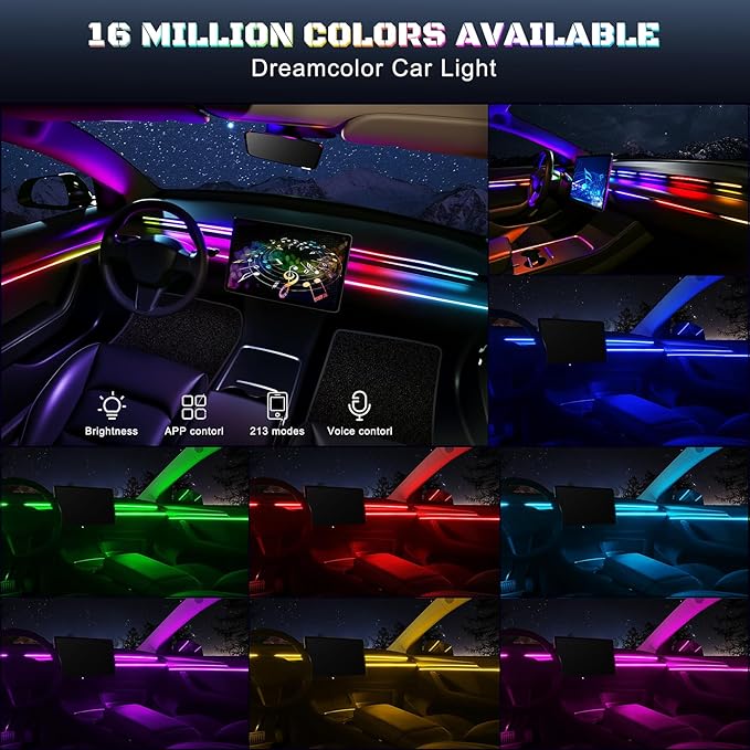 Acrylic Interior Car LED Strip Light with USB/Type C/4-Port Cigarette Lighter, Dreamcolor 6 in 1 with 175 inches 650 LEDs Ambient Lighting Kits, Sound Active Function Neon Led Strips for Car