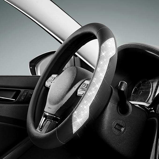 PIC AUTO Steering Wheel Cover, Sparkly Crystal Bling Glitter with Black Leather, Universal Fit 14.5"-15.5" Car Steering Wheel