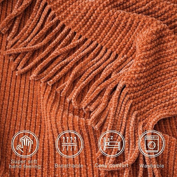 BATTILO HOME Rust Orange Throw Blanket for Couch, Soft Chenille Knit Throws with Tassels for Home Decor, Spring Caramel Throw