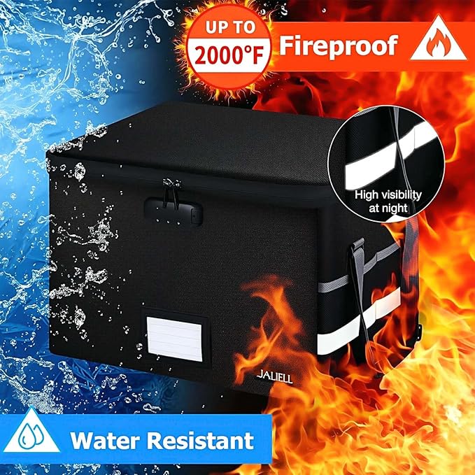 File Box with Lock, Fireproof Document File Organizer Box with Zipper & Adjustable Handle, Collapsible File Storage Box Home 