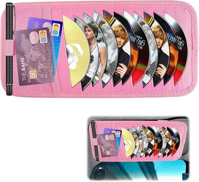 Sun Visor CD Holder, 12-Capacity Car Visor Organizer with DVD Sleeves and Mesh Pocket, Universal Visor Storage for Vehicle CD Case and Pen Holder Ergonomic Design (Pink 1 Pcs)
