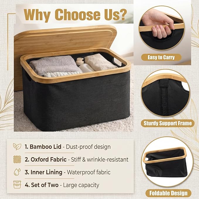 Novabright 2 Pcs Collapsible Storage Basket with Bamboo Lids 15" x 10" Foldable Fabric Storage Bins with Handles for Organizi