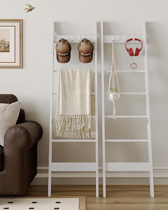 Hzuaneri Blanket Ladder for Living Room, Decorative Quilt Rack with 4 Removable Hooks, 6-Tier Farmhouse Ladder Holder Shelf O