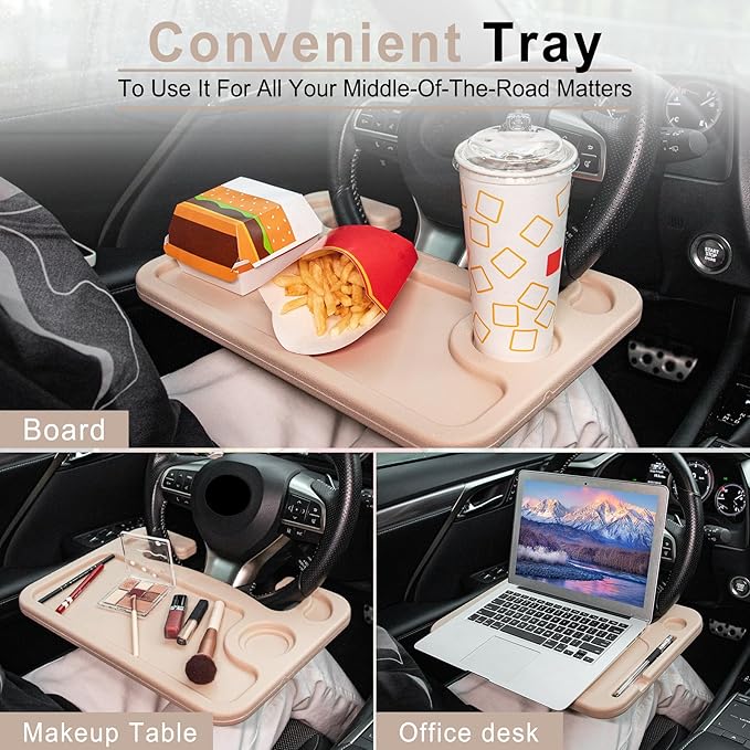 JUSTTOP Car Steering Wheel Desk, Travel Car Accessories, Car Stand Trays for Eating, Multipurpose Car Steering Wheel Desk Tray Table(Cream)