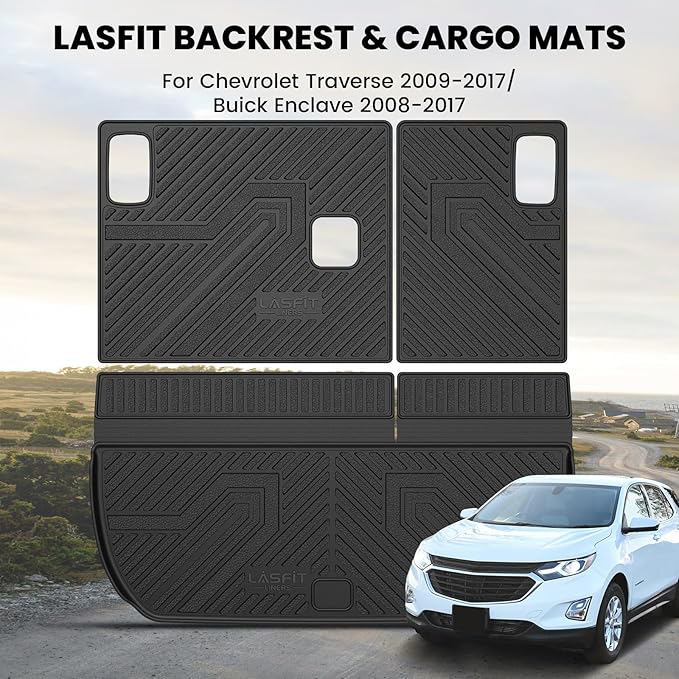 LASFIT Trunk Mat with Backrest Mat for Chevrolet Chevy Traverse 2009-2017/Buick Enclave 2008-2017, All Weather TPE Custom Fit Cargo Mat Trunk Liner with Backrest Mat, Black