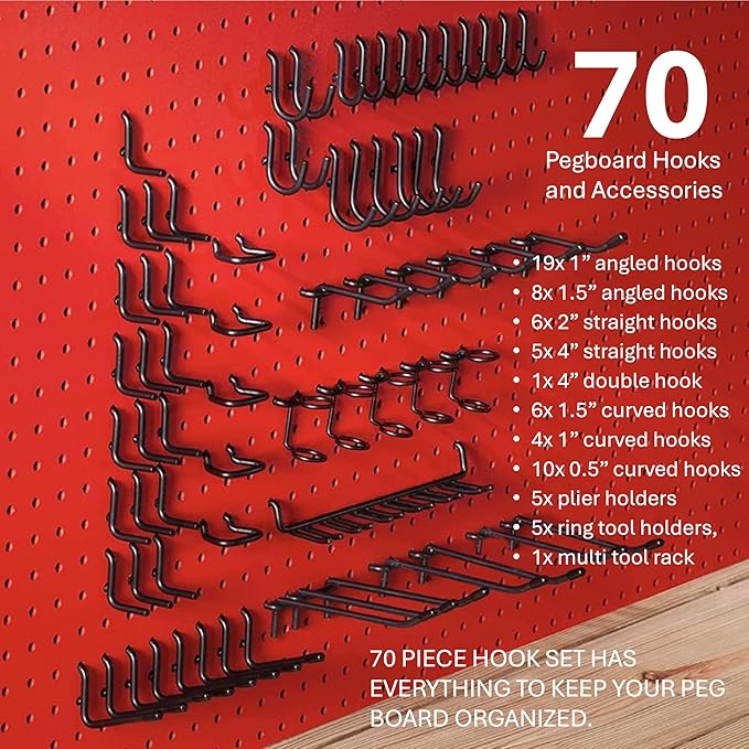 Extra Thick Black 1/4'' Pegboard Hooks for Hanging Tools, Set of 70 Pieces 1/4'' Black Peg Board Accessories Peg Hooks, Peg B