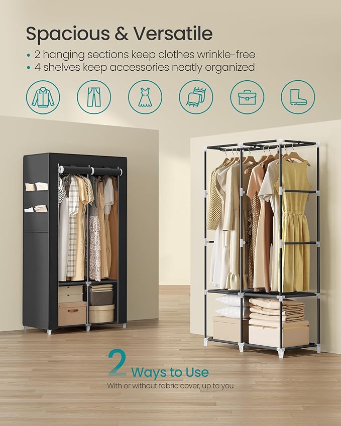 SONGMICS Portable Closet, Wardrobe Closet Organizer with Cover, 2 Hanging Rods and Shelves, 4 Side Pockets, 33.9 x 17.7 x 65.