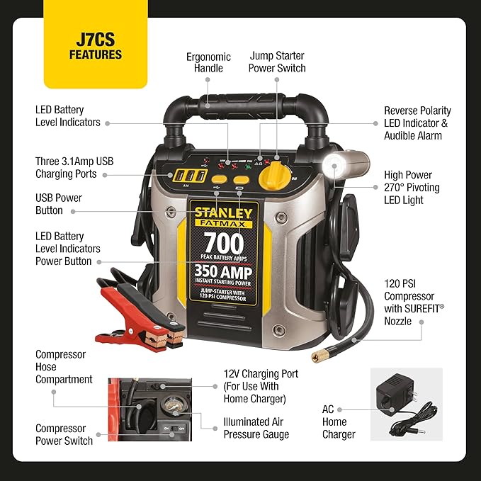 Stanley J7CS 700 Peak Amp Automotive Jump Starter, Portable Power - Triple 15W USB Ports, 120 PSI Air Compressor