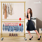 MISSLO Gold Clothing Racks for Hanging Clothes Heavy Duty Clothes Rack Double Garment Rack Metal Rolling Coat Rack Closet War
