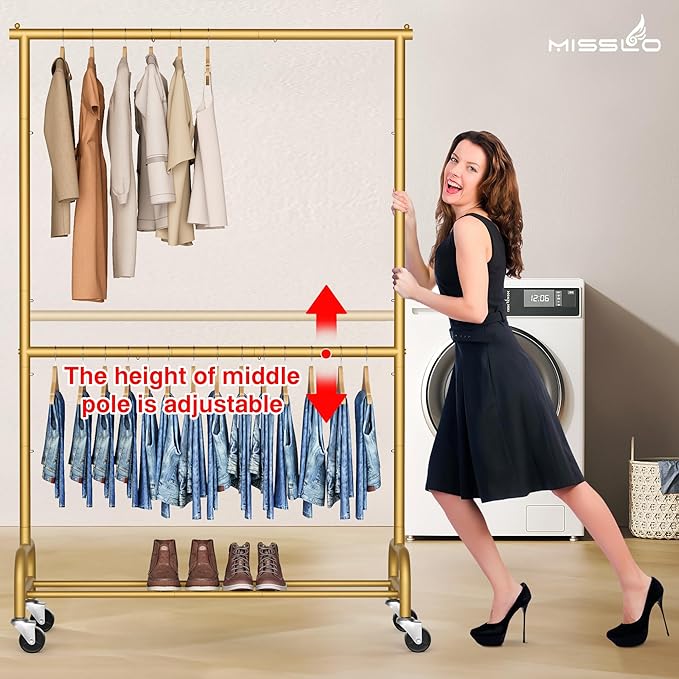 MISSLO Gold Clothing Racks for Hanging Clothes Heavy Duty Clothes Rack Double Garment Rack Metal Rolling Coat Rack Closet War