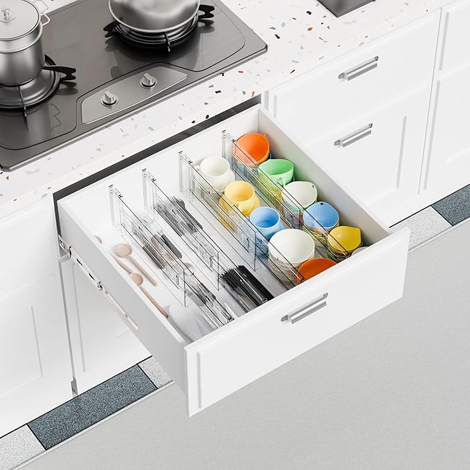 Yieach 12 Pack Clear Acrylic Drawer Divider 6 Inch High,Expandable from 14-20'',Adjustable Dresser Drawer Dividers for Baby C