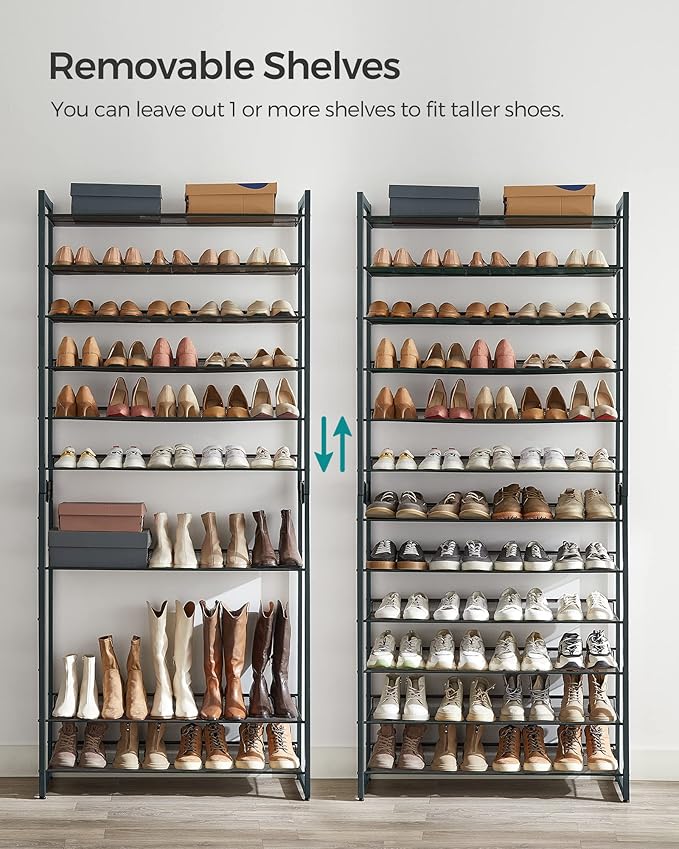 SONGMICS 12-Tier Stackable Shoe Shelf Set, Metal Shoe Storage for Garage, Entryway, with Adjustable Shelves, Hold 48-60 Pairs