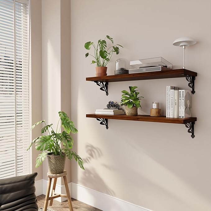 Solid Wood Floating Shelves for Wall with Metal Brackets,2 Tier 36 inch Pinewood Wall Shelf,Suitable for Multiple Places Such