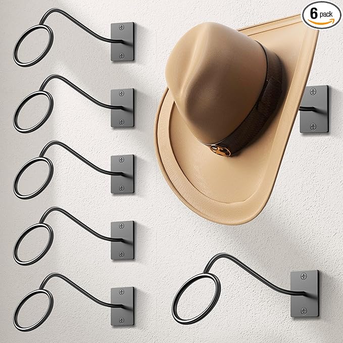 Cinati Cowboy Hat Rack for Wall 6 Pack, Cowboy Hat Holder Wall Mount, Western Rustic Metal Hats Hanger Hooks Organizer for Fe