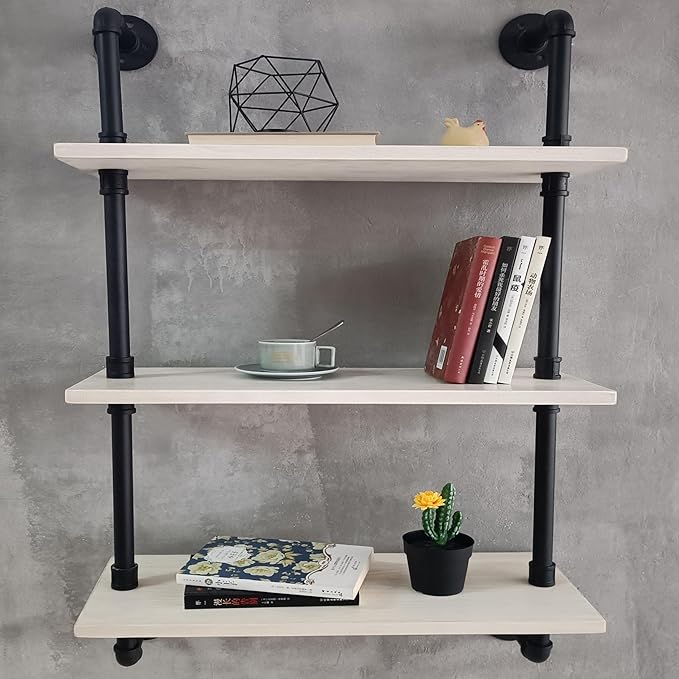 White Floating Shelves 24 inch Pipe Wall Shelves Bathroom Shelves Over Toilet with Wood Planks Industrial Pipe Floating Shelv