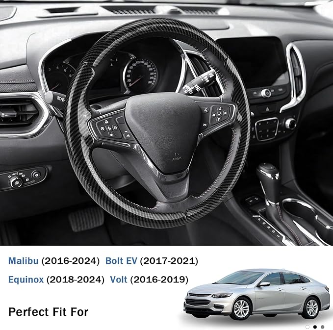 Steering Wheel Cover for Chevy Malibu 2016-2024/ Equinox 2018-2024/ Bolt EV 2017-2021/ Volt 2016-2019, Car Steering Wheel Cover Accessories for Chevrolet (Glossy Black)
