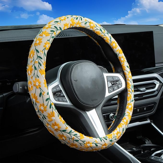 Embroidered Flowers Cute Yellow Daisy Steering Wheel Cover Auto Anti-Slip Breathable Rubber Steering Wheel Protector,Floral Car Accessories for Women,Universal Size Fit Most Cars -15 inch