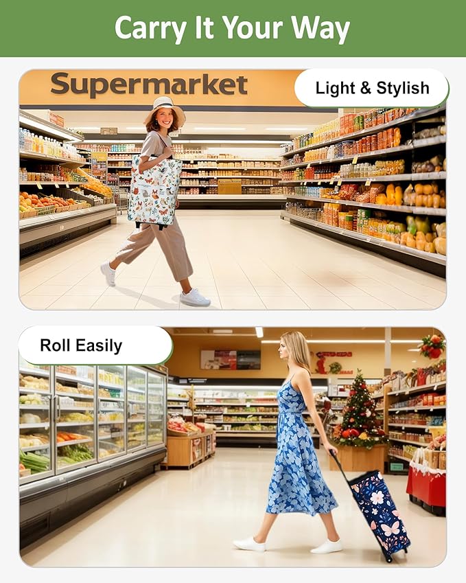 Foldable Rolling Bag, Portable Small Shopping Cart with Wheels, Collapsible Shopping Tote with Stylish Pattern for Market & Grocery Runs–Gift for Women & Seniors, Expandable L, Black
