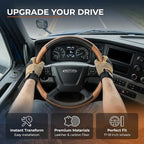 18 Inch Semi Truck Steering Wheel Cover for Freightliner Cascadia, Kenworth T680 T880, Peterbilt 579 & Volvo VNL – Heavy Duty Anti-Slip Leather Grip for Big Rig Class 8 Trucks – Brown