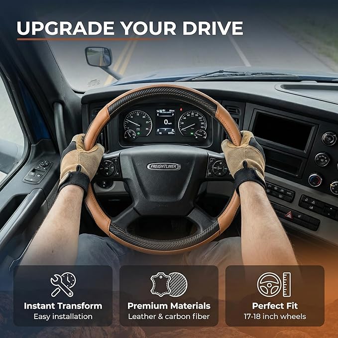 18 Inch Semi Truck Steering Wheel Cover for Freightliner Cascadia, Kenworth T680 T880, Peterbilt 579 & Volvo VNL – Heavy Duty Anti-Slip Leather Grip for Big Rig Class 8 Trucks – Brown