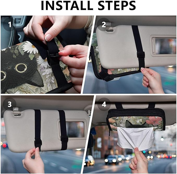 Car Tissue Holder Car Visor Organizer Tissue Box Holder for Car Sun Visor Organizer with Car Vehicle Accessories Essentials Interior for Women Men Black Cat Poppy Daisy