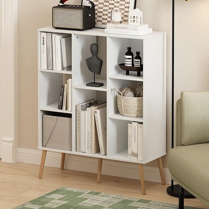 Furinno Claude Mid Century Style Book Shelf, 8-Cube Bookshelf, Cube Storage Organizer Bookcase with Wood Legs, 10.9 x 31.5 x 