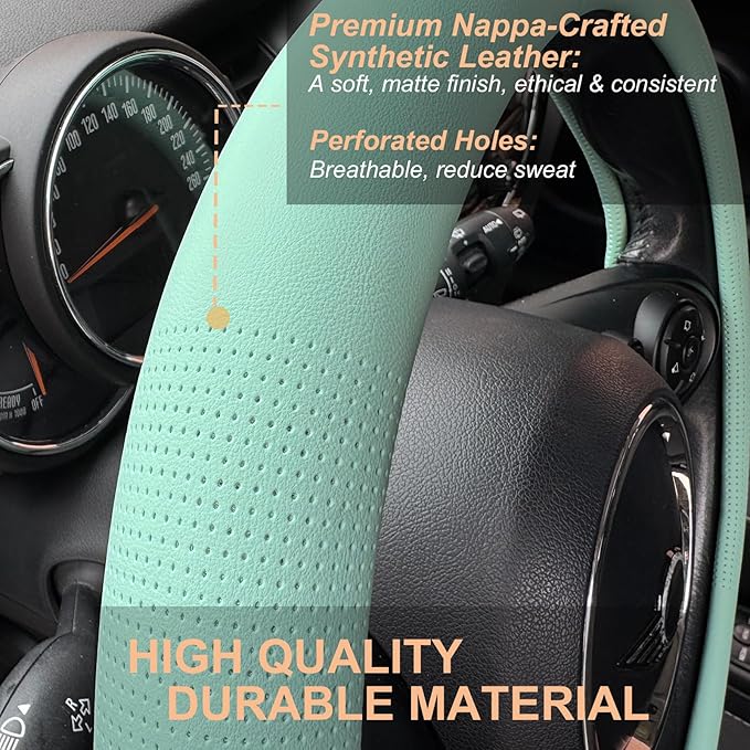 PINCTROT Large Size Nappa Leather Steering Wheel Cover, Slim Fit No Bulk Design, One Piece Leather with Breathable Perforatio