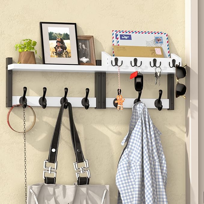 29'' White Coat Rack Wall Mount with Shelf, Solid Wood Coat and Key Hanger with 11 Metal Hooks, Farmhouse Wall Organizer for 