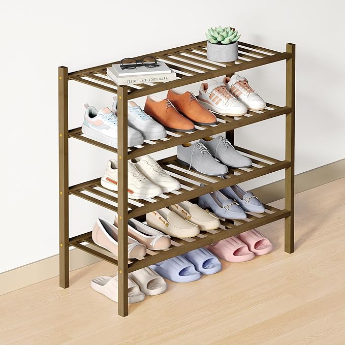Smiry Bamboo Shoe Rack for Closet, 4 Tier Wooden Stackable Shoe Organizer, Free Standing Shoes Storage Shelf for Entryway, Fr