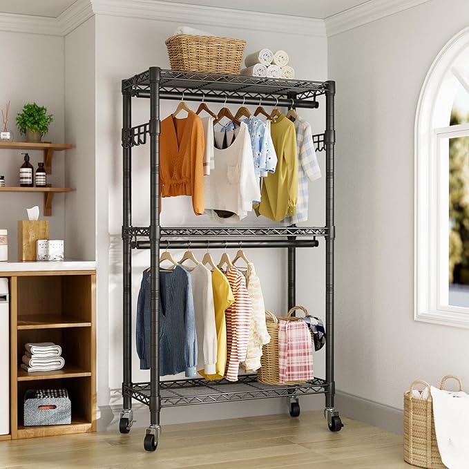 Heavy Duty Clothes Rack Rolling Garment Rack,3 Tier Adjustable Wire Shelving Clothing Racks for Hanging Clothes with Double R