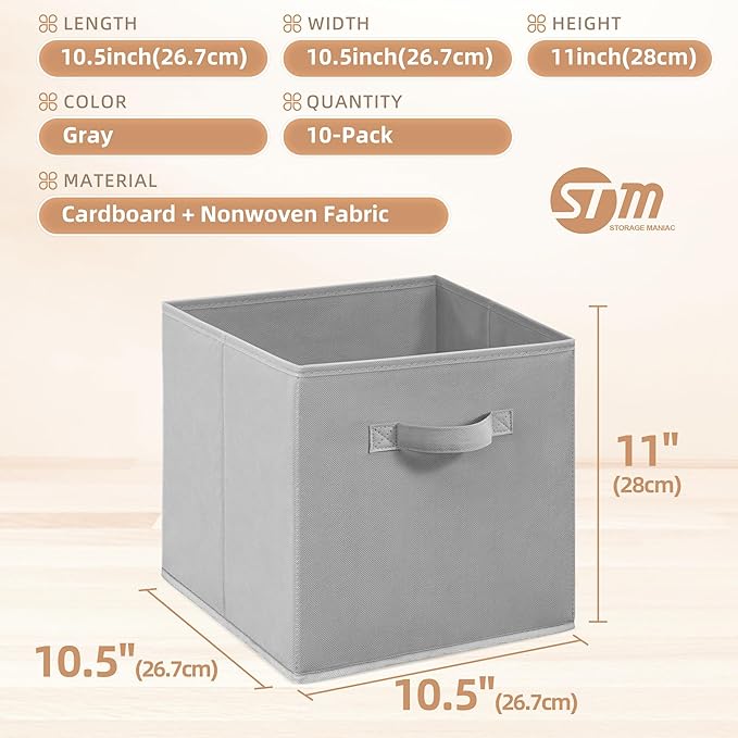 STORAGE MANIAC Storage Cubes, 11 Inch Collapsible Storage Bins with Handles, 10 Pack Fabric Foldable Bins for Organization, D
