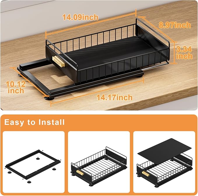 Under Sink Organizer, Single Tier Metal Pull Out Sliding Drawer Shelf for Kitchen Bathroom Cabinet Storage, Sturdy Rack – Bla