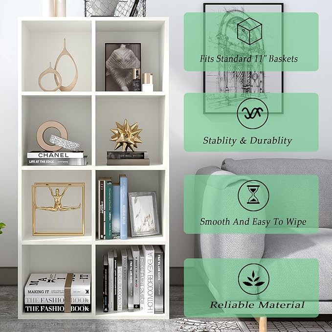 OSCHF 8-Cube Storage Shelf Bookcase - Wooden 4-Tier Floor Standing Open Bookshelf, Modern TV Stand up to 55 Inchs for Home an