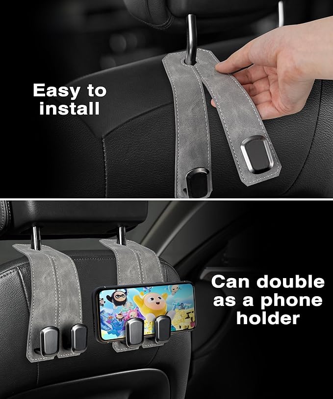 Car Purse Holder - Luxurious Leather, 4PCS Headrest Hooks with 100% Metal Hangers for Seat, Multifunctional Car Bag Hooks, Grey